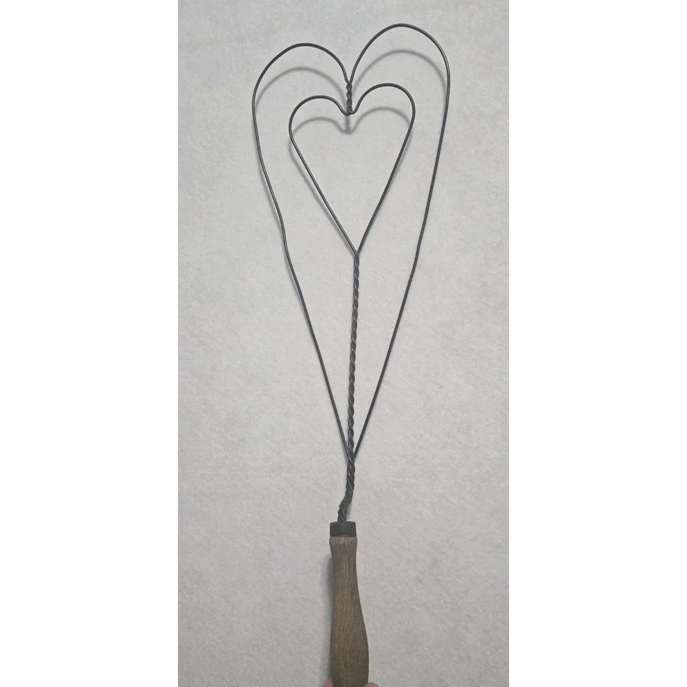 Vintage Large Metal Twiated Wire Double Heart Rug Beater With Wooden Handle